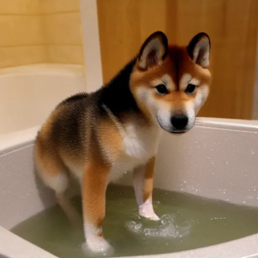 Prompt: Shiba inu puppy takes a bath