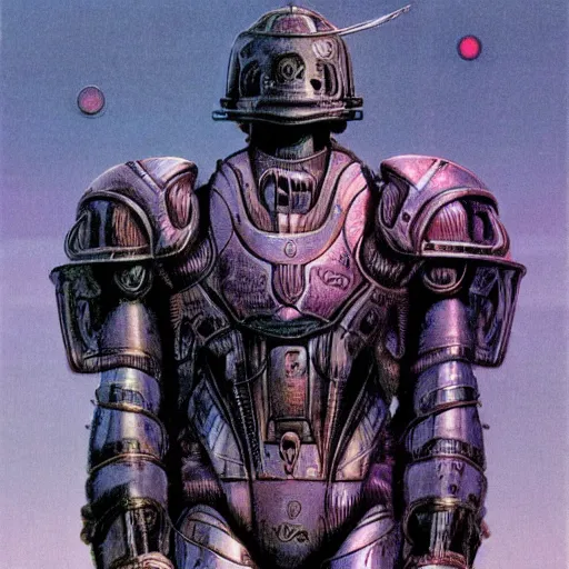 Image similar to vintage illustration of huge warrior mechanoid armor by wayne barlowe