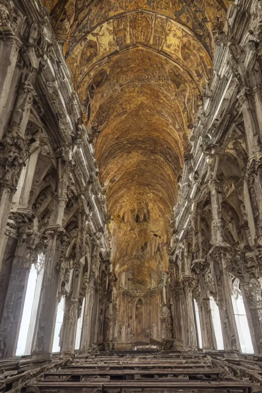 Prompt: photo inside an abandoned cathedral, ornate highly detailed intricate