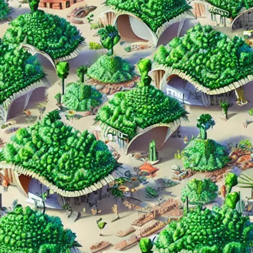 Image similar to a armadillo city with broccoli houses, highly detailed, fantasy art