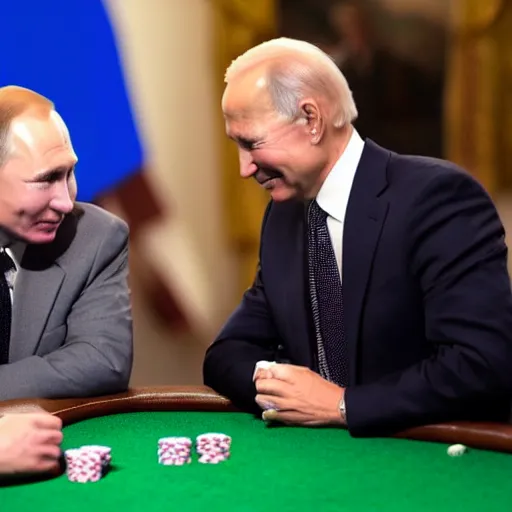 Image similar to Putin playing poker with Biden in a dark scary room, both are smoking, noir