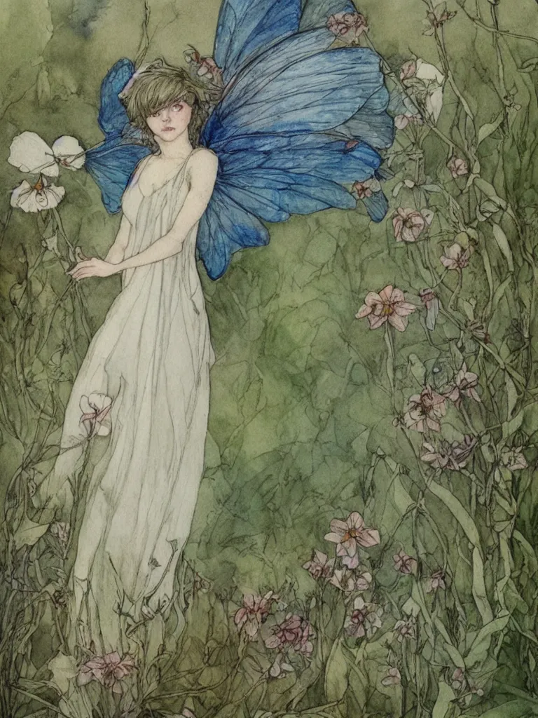 Image similar to annotated study of a flower fairy, illustration, watercolor, alan lee, detailed, pretty, ethereal,