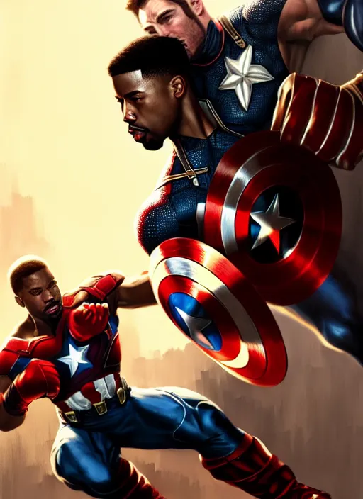 Image similar to Micheal B Jordan punching captain america in the face, Captain America is Chris Evans, realistic, detailed, 4k by Greg Rutkowski, Mark Arian trending on artstation