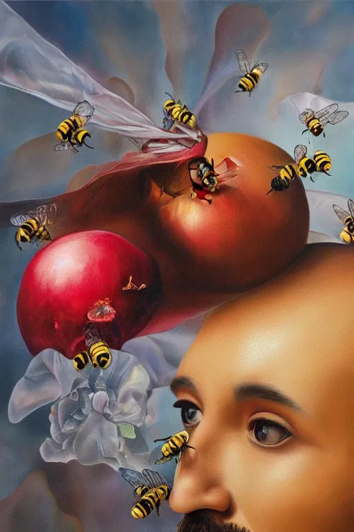 Image similar to a dream within a dream within a dream caused by the flight of a bee around a pomegranate a second before waking by salvador dali, hyperrealistic oil painting, trending on artstation, hyperdetailed, masterpiece