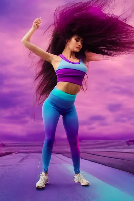 Image similar to a award winning half body shot of a beautiful woman in a croptop and leggings with a ombre purple pink teal hairstyle with head in motion and hair flying, outrun, vaporware, highly detailed, fine detail, intricate