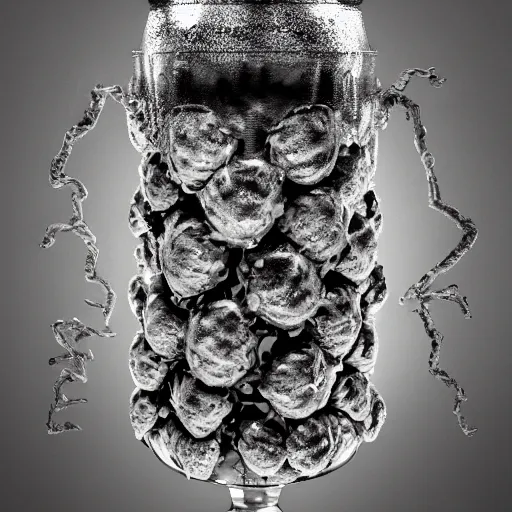 Image similar to hop cone juice, new england ipa, highly detailed silver nitrate photo, light gold accents, smoky bar, black and white, surreal, intricate complexity, horror, trending on art station, photoreal, 8 k, octane render