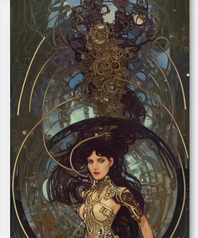 Image similar to realistic detailed portrait of a korgi! mecha cyberpunk! mage! by alphonse mucha and charlie bowater and art germ, rule of thirds, golden ratio, art nouveau! cyberpunk! style, mechanical accents!, mecha plate armor, glowing leds, flowing wires with leaves, art nouveau accents, art nouveau patterns and geometry, rich deep moody colors