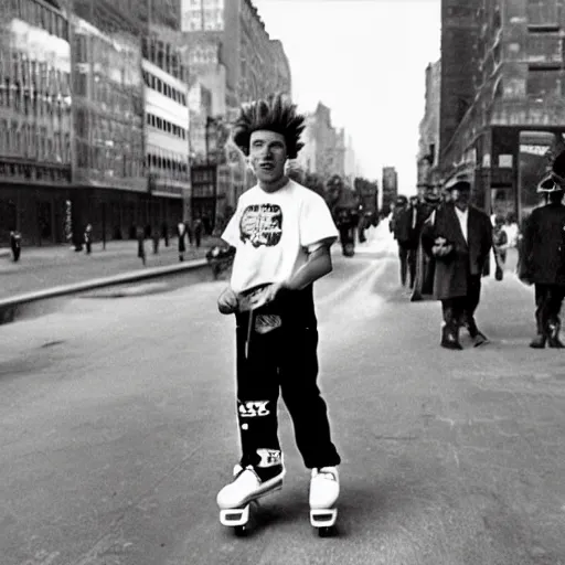 Image similar to bart simpson skating down the streets of manhattan in 1 9 3 0 wearing streetwear