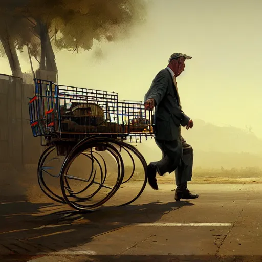 Prompt: a man drags a cart, hyperrealism, no blur, 4 k resolution, ultra detailed, style of ron cobb, adolf hiremy - hirschl, syd mead, ismail inceoglu, rene margitte