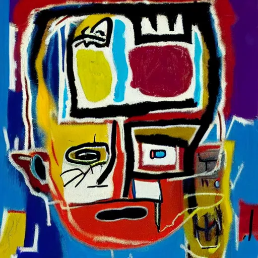 Prompt: basquiat painting depicting a man stuck inside his brain