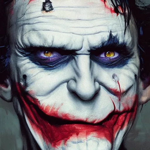 Prompt: joker, crazy face, hand covering face, paint by greg rutkowski