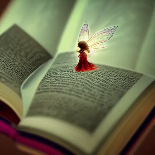 Image similar to you can see a big old open book in close - up. above the book floats a small sweet fairy, digital painting, fantasy art, ultra realistic, 4 k