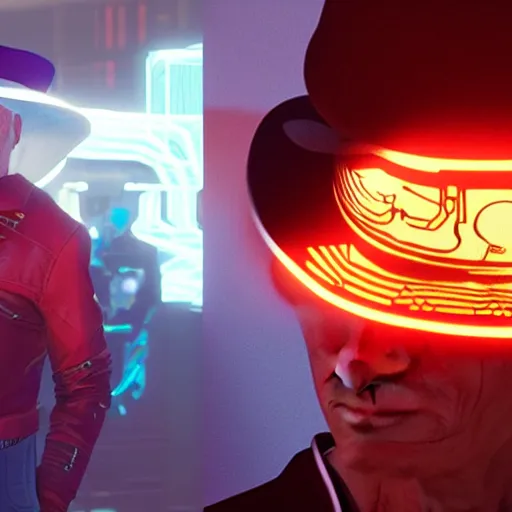 Prompt: circuitry sombrero captain picard digital sunglasses tng huge hat huge hat, in cyberpunk 2 0 7 7 cp 2 0 7 7 glowing emissive hdri