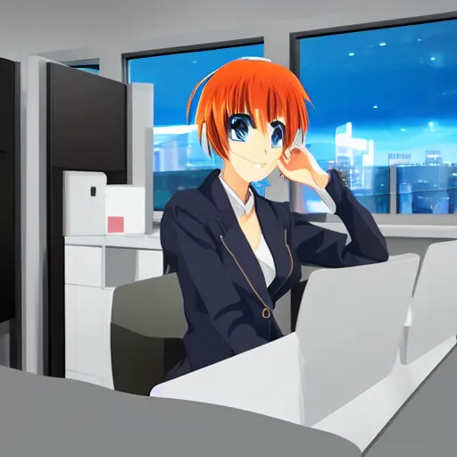 Image similar to high tech corporate office, anime girl subject