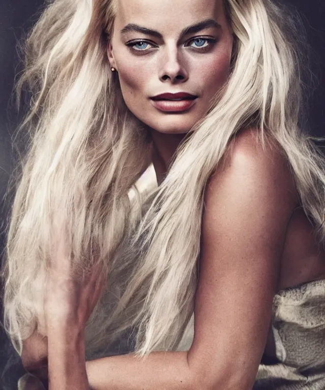 Image similar to a color photograph of margot robbie, by annie leibovitz, platinum blond, intense, bold, exaggerated, ultra sharp, extra details, ultra high quality, trending on pinteresst