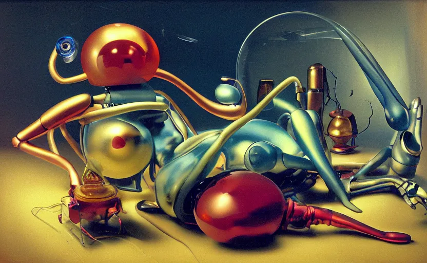 Image similar to strange curvy seductive futuristic robot body, enticing colorful oil painting dutch golden age vanitas eros still life sparse composition with bulbous objects strange gooey transparent surfaces shiny metal reflections bizarre mutant meat insects rachel ruysch dali todd schorr very detailed perfect composition rule of thirds masterpiece canon 5 0 mm, cinematic lighting, photography, retro, film, kodachrome
