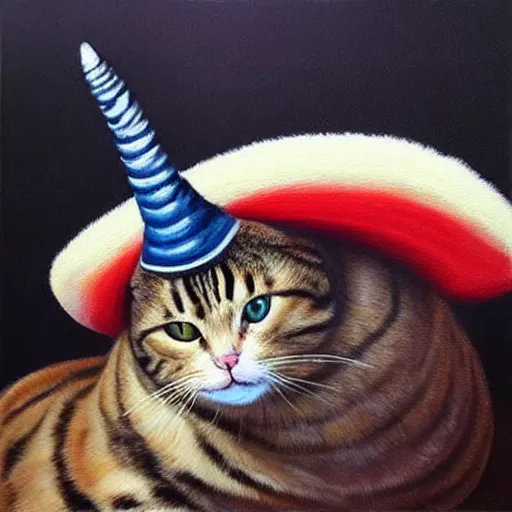 Prompt: a hyper realistic painting of a cat wearing a bicorn hat, super detailed, realistic, thick brush strokes, visible paint layers.