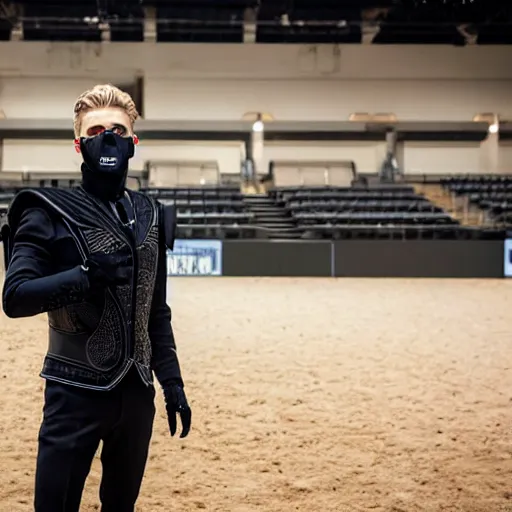 Prompt: medium face shot of adult Austin Butler with exposed head ((((mask)))), dressed in black-prussian blue futuristic-tudoresque clothing with embroidered-Ram-emblem, and nanocarbon-vest, in an arena in Dune 2021, XF IQ4, f/1.4, ISO 200, 1/160s, 8K