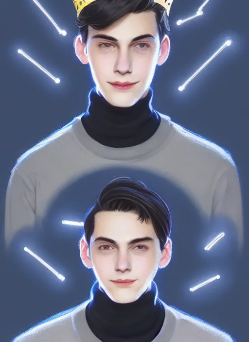 Image similar to portrait of teenage jughead jones wearing a light grey crown, crown, blue turtleneck, closed eyes, eyes closed, smile, crown, black hair, intricate, elegant, glowing lights, warm lighting, highly detailed, digital painting, artstation, concept art, smooth, sharp focus, illustration, art by wlop, mars ravelo and greg rutkowski