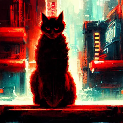 Prompt: cyberpunk orange fluffy cat, red symbol, futuristic, brush strokes, oil painting, city background, greg rutkowski