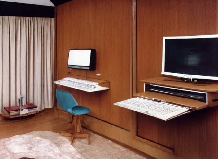 Image similar to 1 9 8 0 s living room with wood panel walls with apple iie computer in the corner on a roll - top desk and television on top