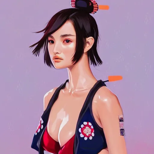 Image similar to a beautiful young japanese natalie portman alluring gravure model, stylized concept art, wearing elegant designer bomber jacket and one piece bikini, bomber jacket with mesoamerican patterns, mesoamerican native street fashion, princess mononoke, painted by ilya kuvshinov aesthetic, gorgeous, stunning, alluring, attractive, artstation, pinterest, digital art