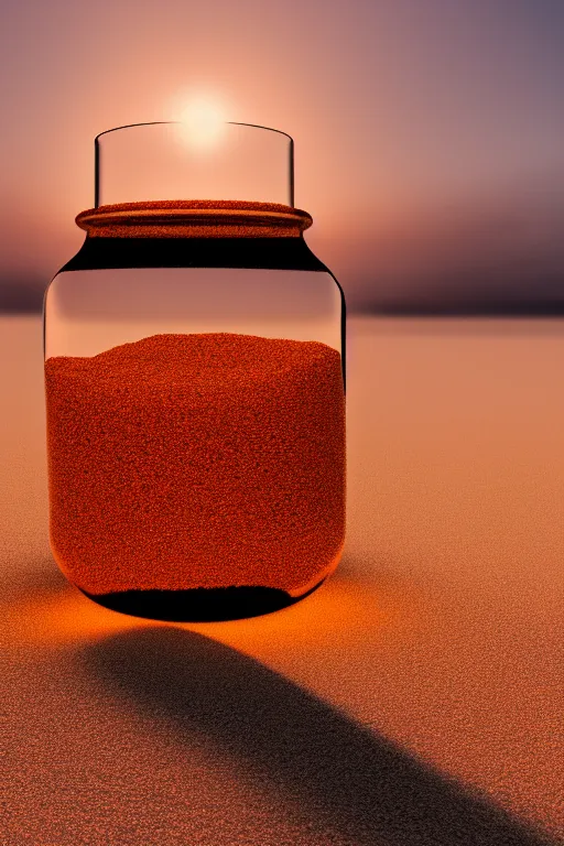 Prompt: photograph of a glass jar with another universe inside, buried in sand on a beach. quiet sunset in the background. soft golden red lighting. hyperrealistic, cgsociety, 8 k, beautiful digital painting