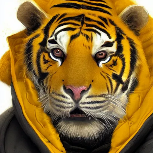 Image similar to a beautfiul award winning aesthetic commission of an antrho albino tiger wearing a yellow-black padded hooded puffer jacket,digital art,art by greg rutkowski,character design by charles bowater,ross tran,photorealistic,detailed face,hyperdetailed,western comic,2021,artstation,deviantart