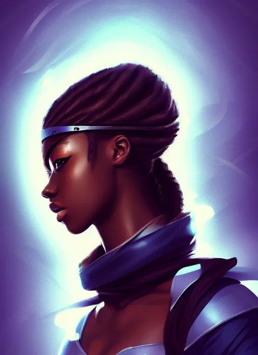 Prompt: attractive female portrait of african ninja, cloud background, uplight, symmetrical!!, anime, prism highlights, depth of field, cinematic, filmic, vsco, concept art, artstation, digital painting, elegant, epic, focus