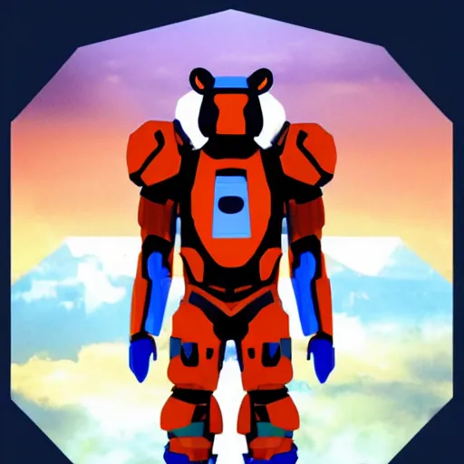 Image similar to A bear in orange and blue cyber armor facing you