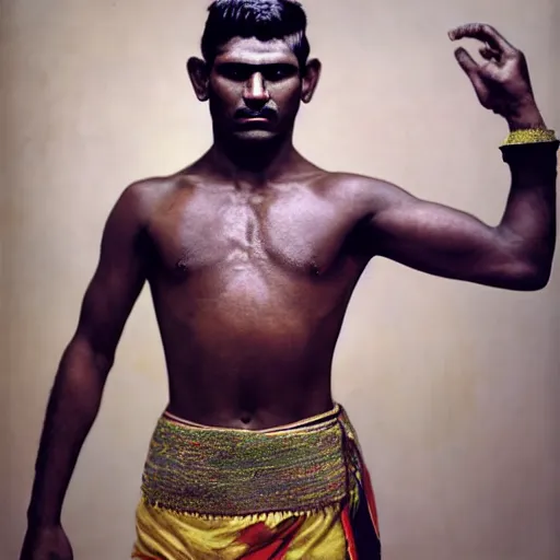 Image similar to color photo, closer up portrait of indian kushti wrestler by richard avedon, realistic, Leica, medium format, cinematic lighting, parallax, high resolution,