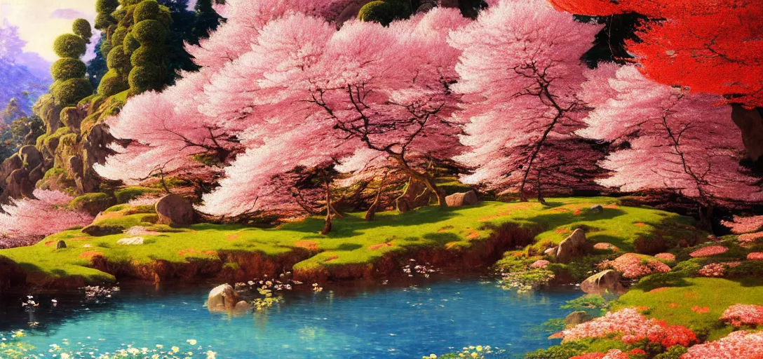 Image similar to ghibli illustrated background of a strikingly beautiful landform with strange rock formations and red water and cherry blossoms by vasily polenov, eugene von guerard, ivan shishkin, albert edelfelt, john singer sargent, albert bierstadt 4 k