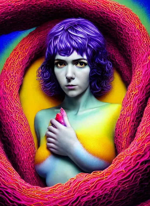 Prompt: hyper detailed 3d render like a Oil painting - Ramona Flowers with wavy black hair wearing thick mascara seen out Eating of the Strangling network of colorful yellowcake and aerochrome and milky Fruit and Her staring intensely delicate Hands hold of gossamer polyp blossoms bring iridescent fungal flowers whose spores black the foolish stars by Jacek Yerka, Mariusz Lewandowski, silly face, Houdini algorithmic generative render, Abstract brush strokes, Masterpiece, Edward Hopper and James Gilleard, Zdzislaw Beksinski, Mark Ryden, Wolfgang Lettl, Dan Hiller, hints of Yayoi Kasuma, octane render, 8k