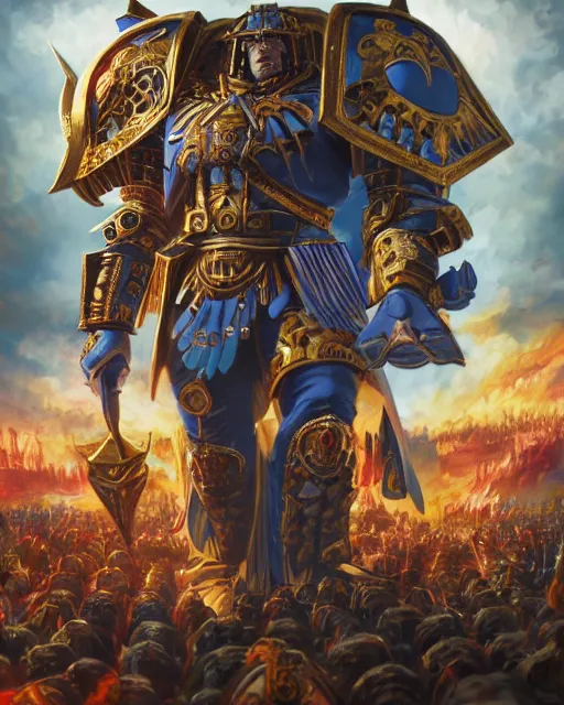 Prompt: gigachad as god emperor of mankind from warhammer 40k, digital portrait of Ernest Khalimov by Dan Mumford and Ross Tran, octane render, 8k, rtx on, trending on ArtStation