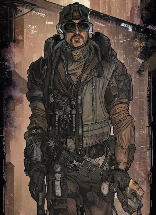 Image similar to cyberpunk blackops commander. ruggedly handsome. night vision. portrait by ashley wood and alphonse mucha and laurie greasley and josan gonzalez and james gurney. spliner cell, apex legends, rb 6 s, hl 2, d & d, cyberpunk 2 0 7 7. realistic face. dystopian setting.