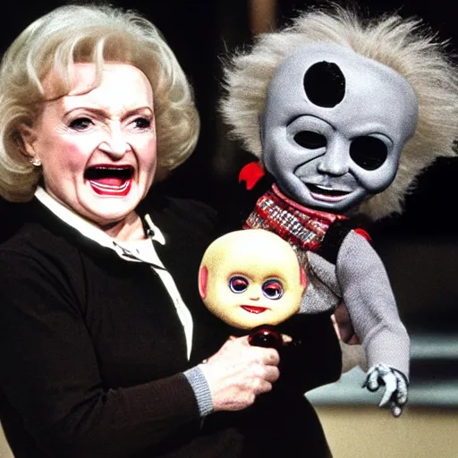 Image similar to betty white holding chucky the killer doll