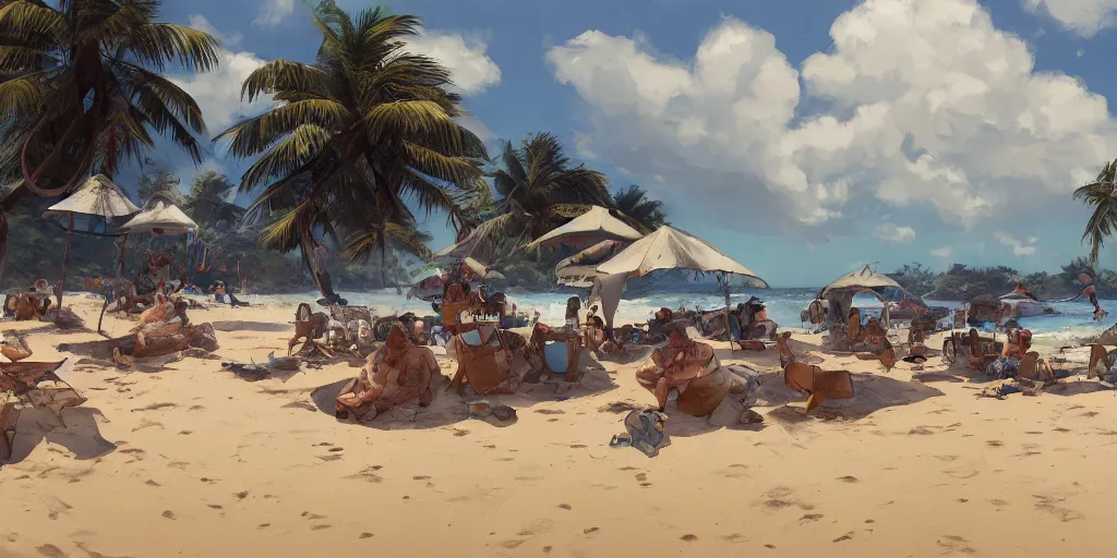 Image similar to precisely drawn illustration of a small camp on a beach. Wide angle, Sharp, Fine Details, Fantasy, realistic shaded lighting, in style of Katsuhiro Otomo, Magali Villeneuve, Artgerm, Rutkowski, Jeremy Lipkin, Giuseppe Dangelico Pino, Michael Garmash and Rob Rey