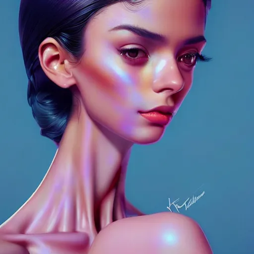 Image similar to a beautiful skinny latina wearing fashionable dress with head tilted back, focus close on eyes realistic skin texture, eighties holographic art by ilya kuvshinov lois van baarle ross tran range murata artgerm katsuhiro otomo norman rockwell, highly detailed intricately sharp focus, bedroom eyes trending on pinterest vogue italia unreal engine 5, 4 k uhd image