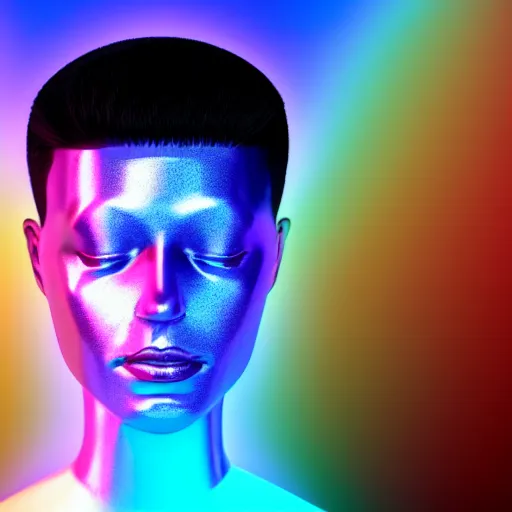 Image similar to 3d render of holographic human robotic head made of glossy iridescent, surrealistic 3d illustration of a human face non-binary, non binary model, 3d model human, cryengine, made of holographic texture, holographic material, holographic rainbow, concept of cyborg and artificial intelligence