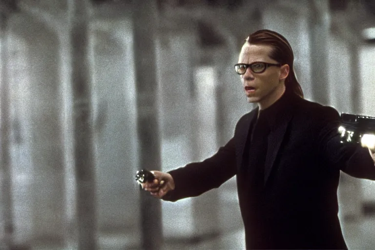 Image similar to a film still of bill gates as agent smith from the movie the matrix ( 1 9 9 9 )