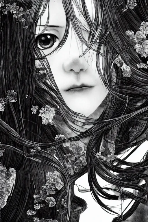 Image similar to a vertical portrait of a character in a scenic environment by Yoshitaka Amano, black and white, dreamy, cybernetic, wavy long black hair, highly detailed