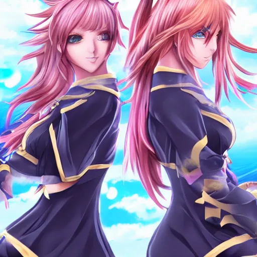 Image similar to two identical gorgeous female mages facing off, highly detailed anime art