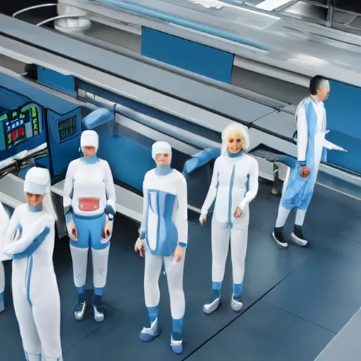 Image similar to group of identical athletic humans with light blue neoprene suits and white hair standing in a line on a conveyor belt, background of advanced futuristic laboratory, sci - fi, highly detailed, hyperrealistic