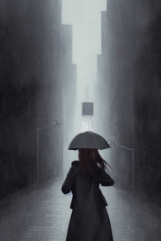 Prompt: highly detailed close-up of a beautiful girl with a very stylish trenchcoat by Ilya Kuvshinov, black medium length Dutch bob cut hair with straight bangs, heavy rain and mist, streetlights, rich cinematic atmosphere, poster, digital art