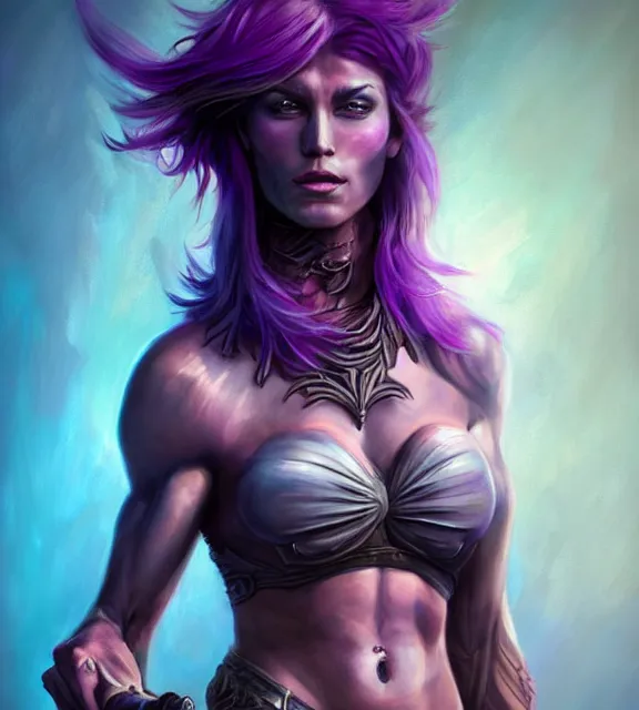 Image similar to muscular female warrior holding hilt of dagger, perfect face, diadem, neon tattoos, black halter top, purple hair, abs, cinematic, blush, stunning, athletic, strong, agile, highly detailed, psychedelic, digital painting, artstation, smooth, hard focus, illustration, art by jessica rossier and and brian froud