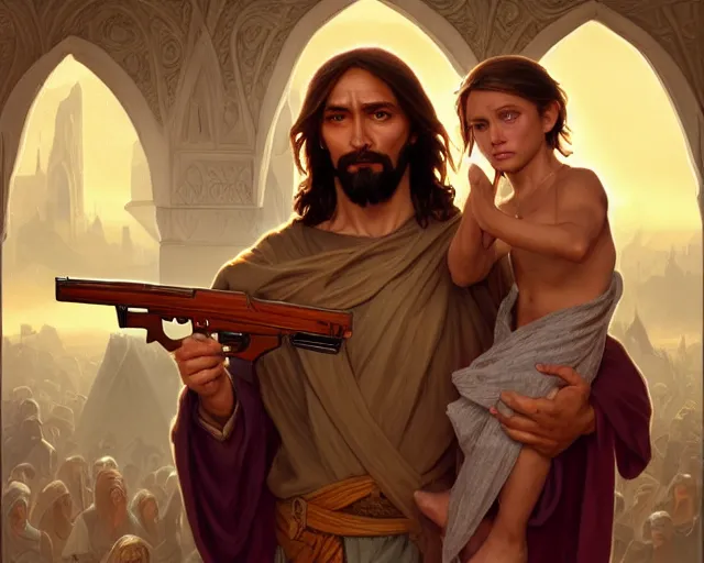 Image similar to photography of jesus christ pointing ak 4 7 to a small child wrapped in toilet paper, deep focus, d & d, fantasy, intricate, elegant, highly detailed, digital painting, artstation, concept art, matte, sharp focus, illustration, hearthstone, art by artgerm and greg rutkowski and alphonse mucha