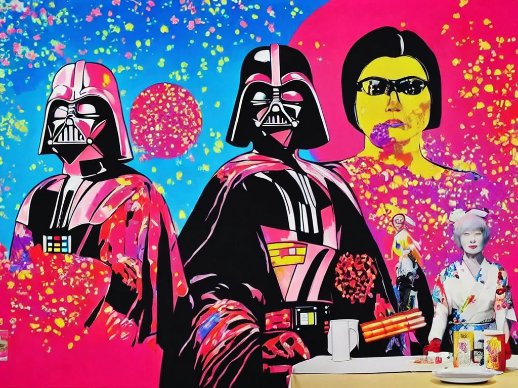 Image similar to hyperrealistic composition, in the middle a woman in a japanese kimono, behind her stands darth vader, in front of her a table from the casino, in the background is mount fuji and fireworks, pop - art style, jacky tsai style, andy warhol style, acrylic on canvas