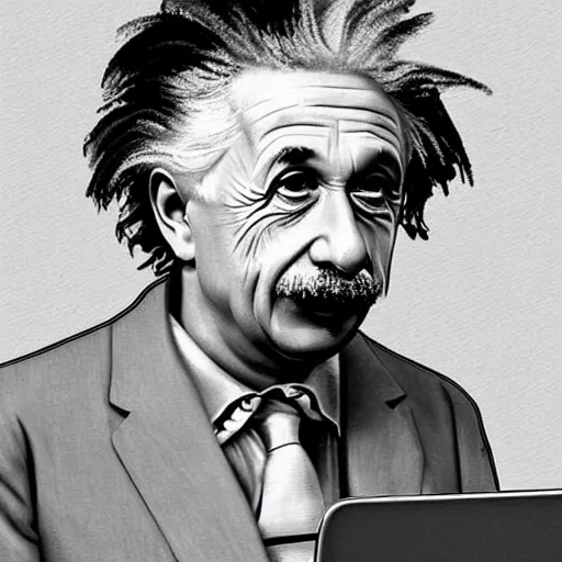 Prompt: Einstein working on beach with MacBook in AirPods digital art