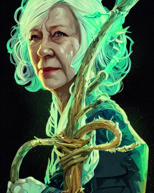 Prompt: a white-haired witch holding a gnarled staff, helen mirren, wisdom of the ages, glowing iridescent accents, digital apex legends illustration portrait, gorgeous lighting, wide angle action dynamic portrait, art by Josan Gonzalez, bright colors, green and gold palette, high contrast