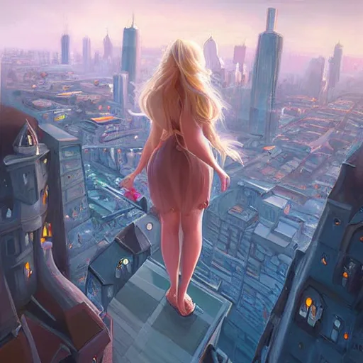 Prompt: a beautiful giant woman over a city, blonde, long hair, by mandy jurgens